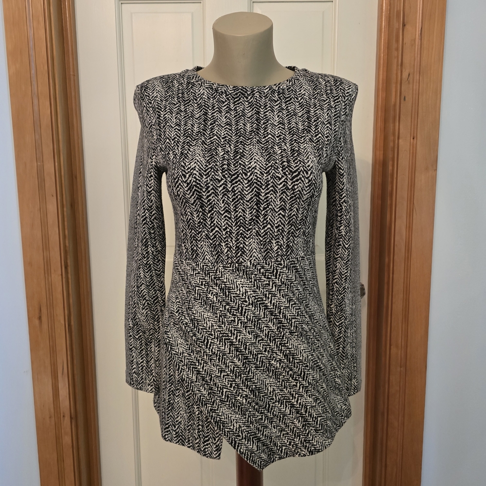 Stella McCartney Monochrome Herringbone Long Sleeve Asymmetrical Top